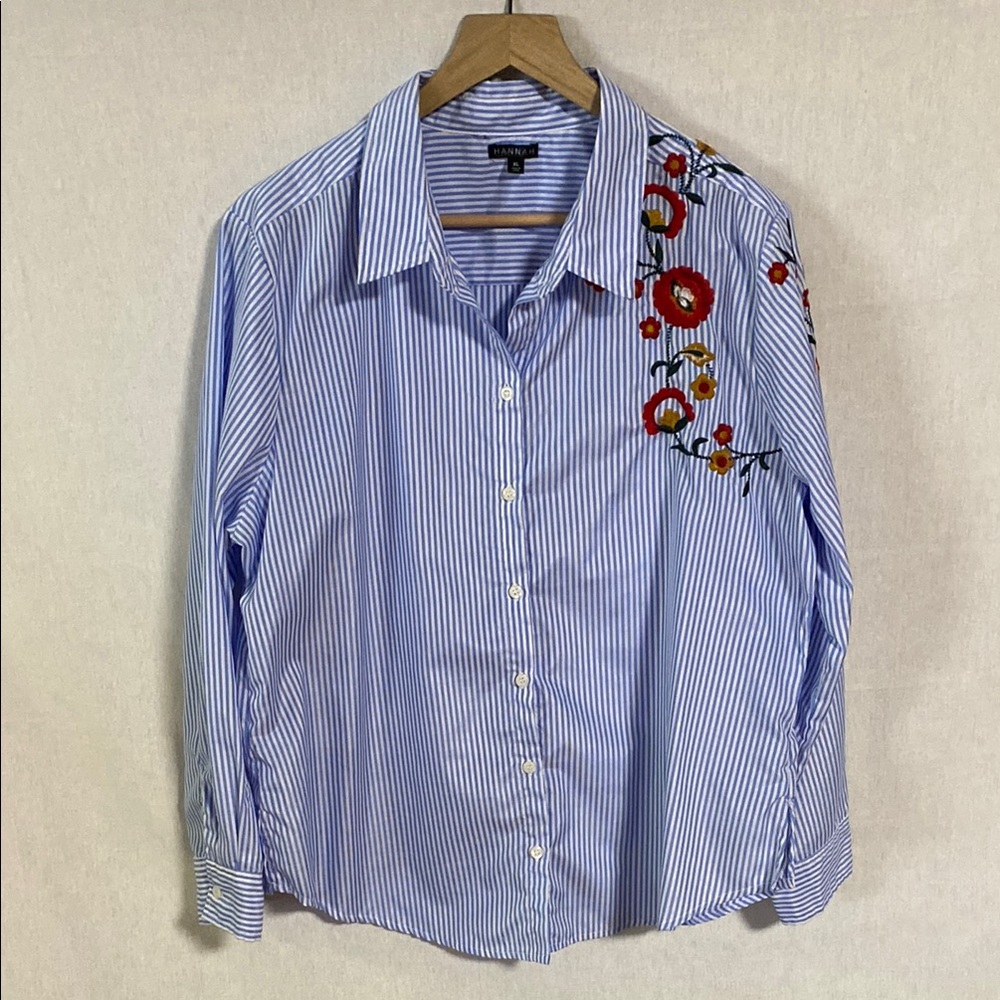 Hannah Blue Striped Button Down Shirt with Floral Embroidery